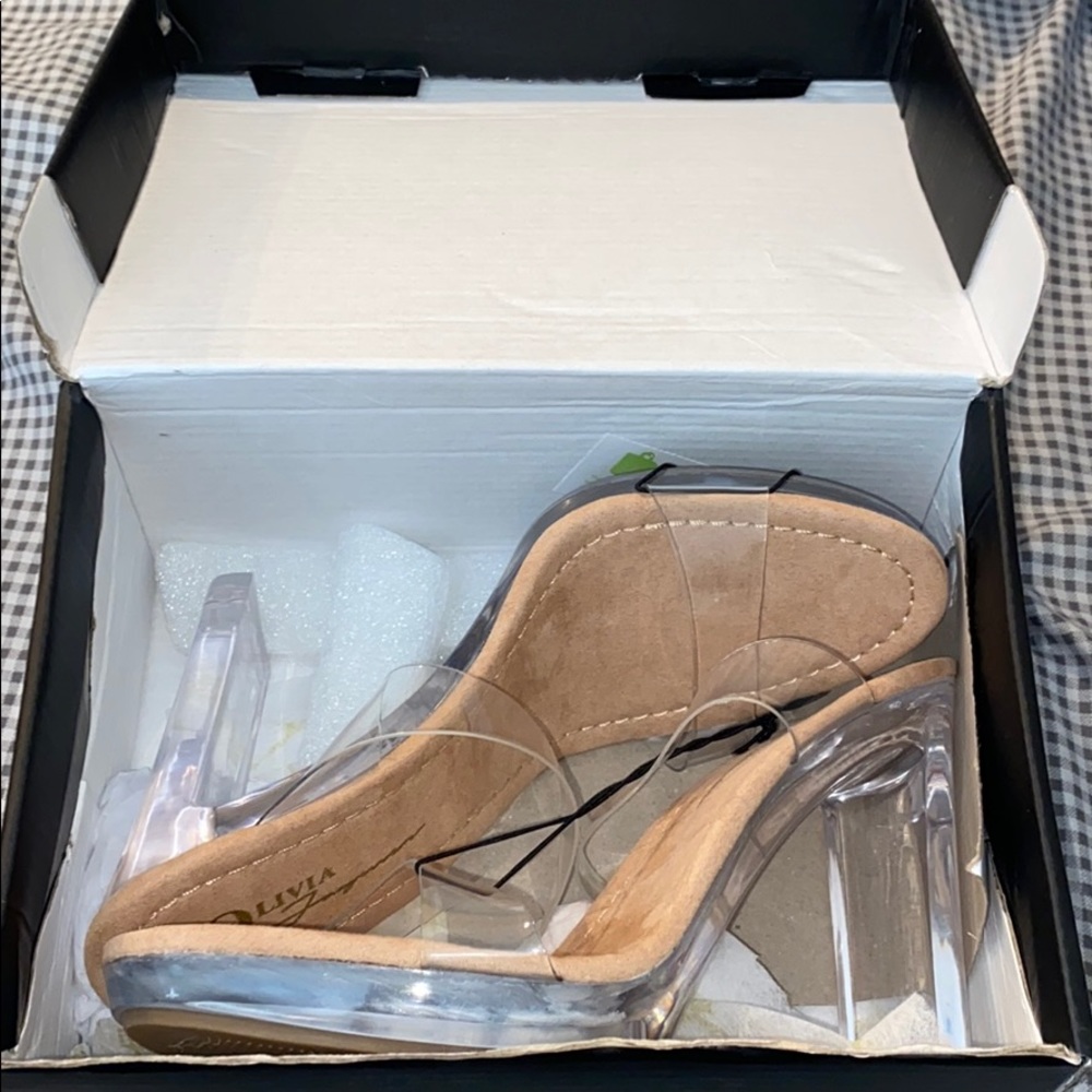 Beige 4.5 inch Vinyl Lucite Block Heels